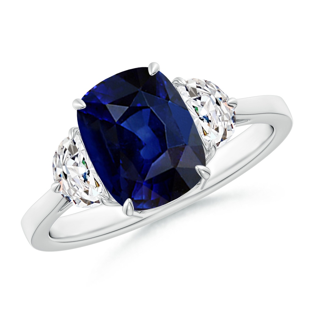 9x7mm AAA Cushion Sapphire Three Stone Ring with Diamonds in P950 Platinum 