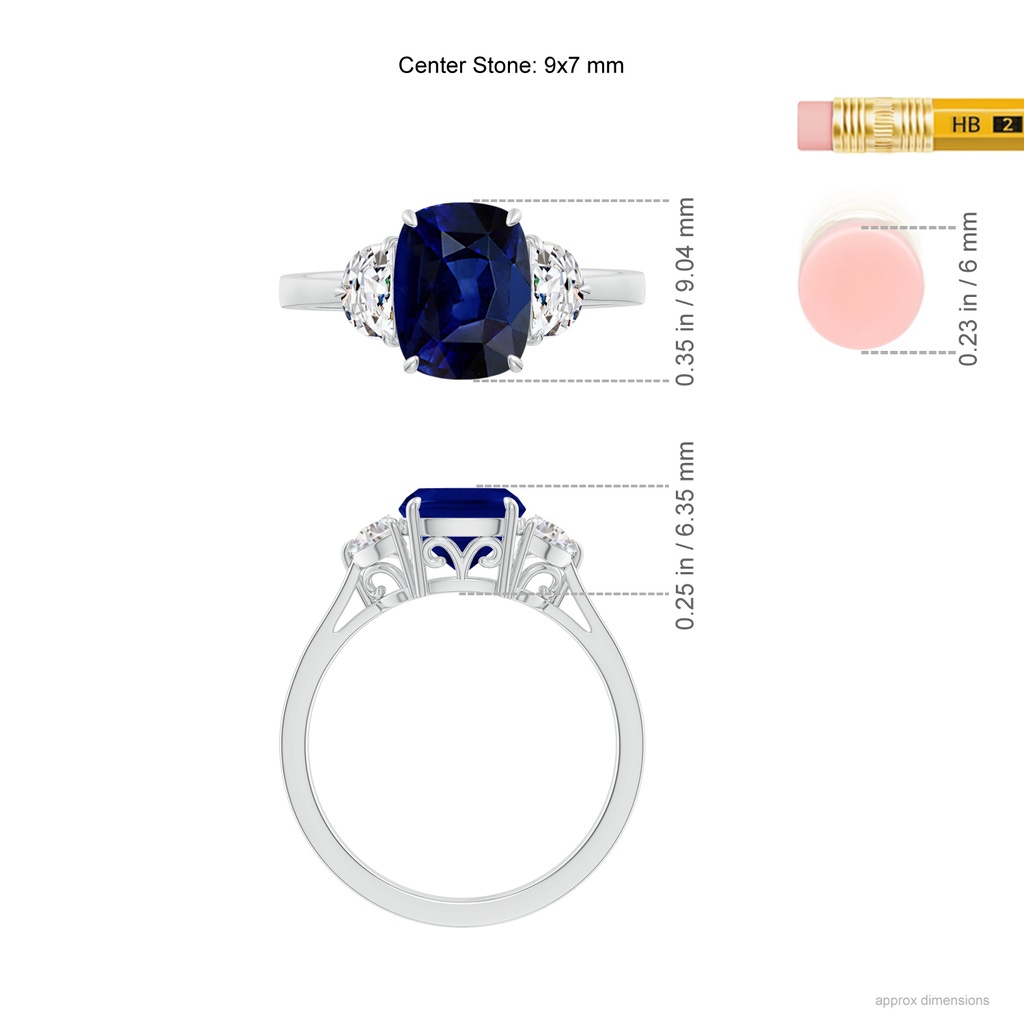 9x7mm AAA Cushion Sapphire Three Stone Ring with Diamonds in P950 Platinum Ruler
