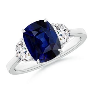 9x7mm AAA Cushion Sapphire Three Stone Ring with Diamonds in White Gold