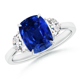 9x7mm AAAA Cushion Sapphire Three Stone Ring with Diamonds in 9K White Gold