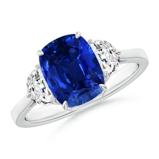 9x7mm AAAA Cushion Sapphire Three Stone Ring with Diamonds in White Gold
