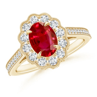 8x6mm AAA Vintage Inspired Oval Ruby Flower Ring with Diamond Accents in 9K Yellow Gold
