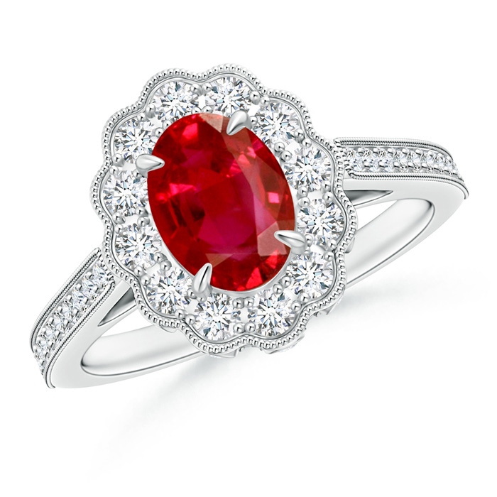 8x6mm AAA Vintage Inspired Oval Ruby Flower Ring with Diamond Accents in White Gold