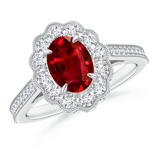 8x6mm AAAA Vintage Inspired Oval Ruby Flower Ring with Diamond Accents in White Gold