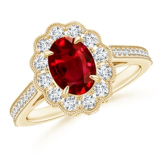 8x6mm AAAA Vintage Inspired Oval Ruby Flower Ring with Diamond Accents in Yellow Gold