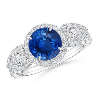 7mm AAA Vintage Style Three Stone Sapphire and Diamond Ring in White Gold