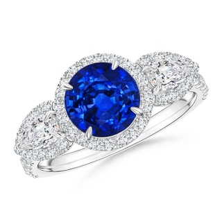 7mm AAAA Vintage Style Three Stone Sapphire and Diamond Ring in White Gold