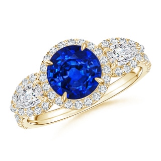 7mm AAAA Vintage Style Three Stone Sapphire and Diamond Ring in Yellow Gold