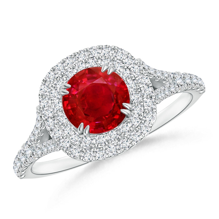 6mm AAA Round Ruby Engagement Ring with Double Diamond Halo in White Gold