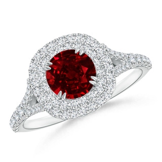 6mm AAAA Round Ruby Engagement Ring with Double Diamond Halo in 18K White Gold