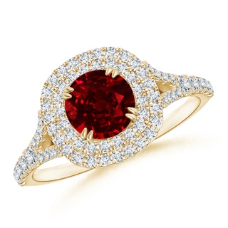 6mm AAAA Round Ruby Engagement Ring with Double Diamond Halo in Yellow Gold
