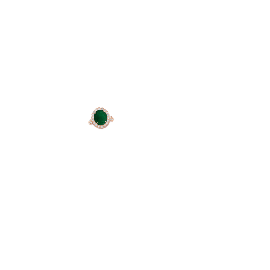 12.77x9.54x6.62mm AA GIA Certified Emerald Cocktail Ring with Diamond Floral Halo in 18K Rose Gold hand