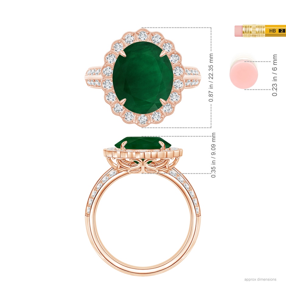 12.77x9.54x6.62mm AA GIA Certified Emerald Cocktail Ring with Diamond Floral Halo in 18K Rose Gold ruler