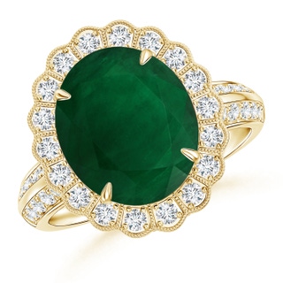 12.77x9.54x6.62mm AA GIA Certified Emerald Cocktail Ring with Diamond Floral Halo in 18K Yellow Gold