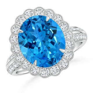 16.04x11.98x7.31mm AAAA GIA Certified Swiss Blue Topaz Ring with Diamond Floral Halo in 18K White Gold