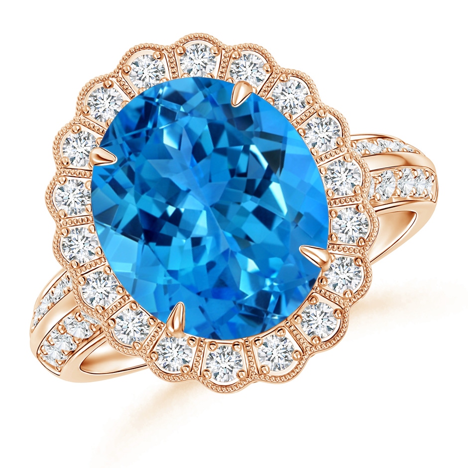 16.04x11.98x7.31mm AAAA GIA Certified Swiss Blue Topaz Ring with Diamond Floral Halo in Rose Gold 