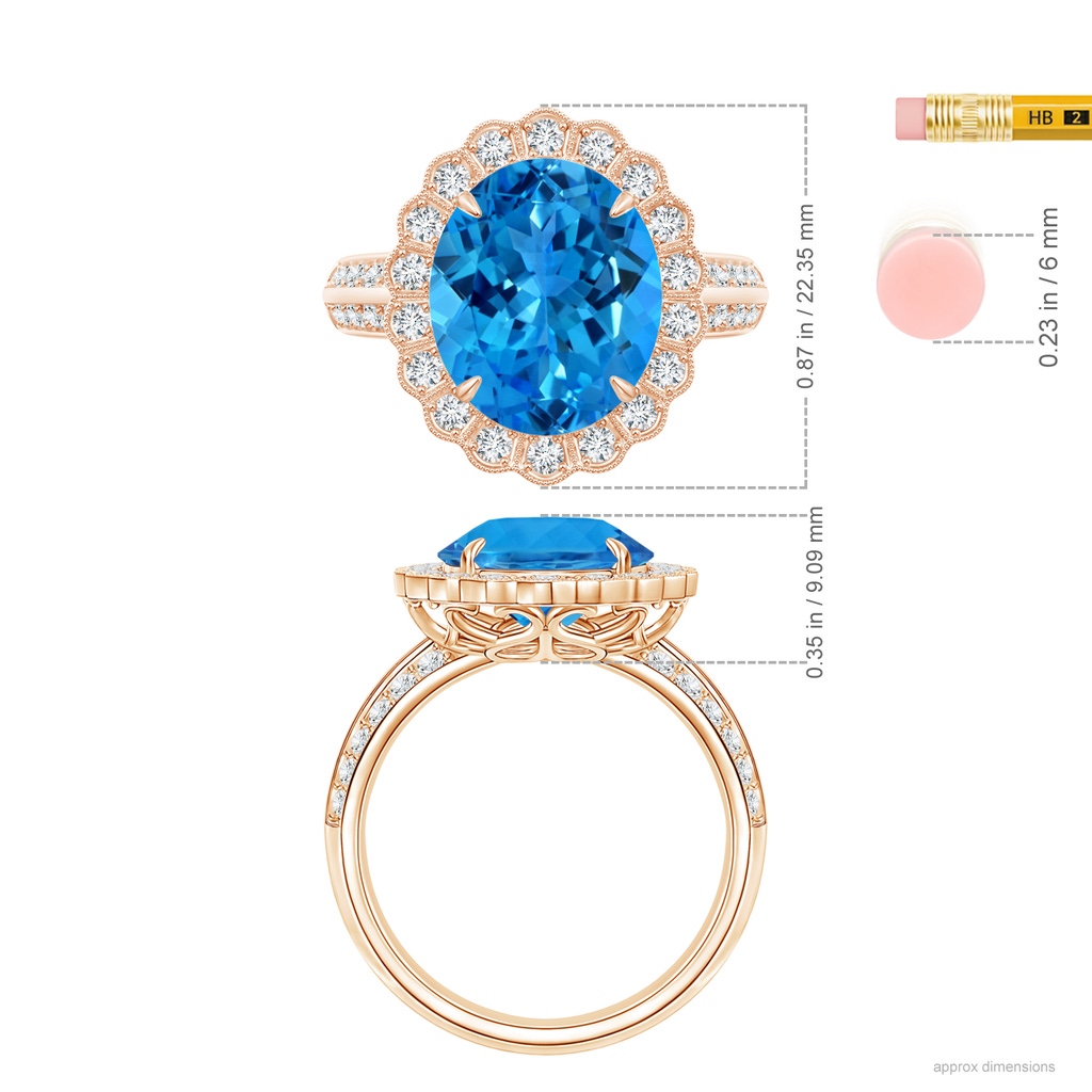 16.04x11.98x7.31mm AAAA GIA Certified Swiss Blue Topaz Ring with Diamond Floral Halo in Rose Gold ruler