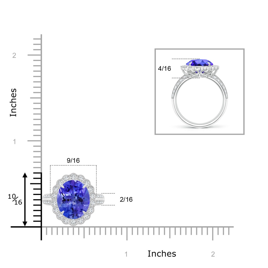 12x10mm AAA Tanzanite Cocktail Ring with Diamond Floral Halo in 18K White Gold ruler