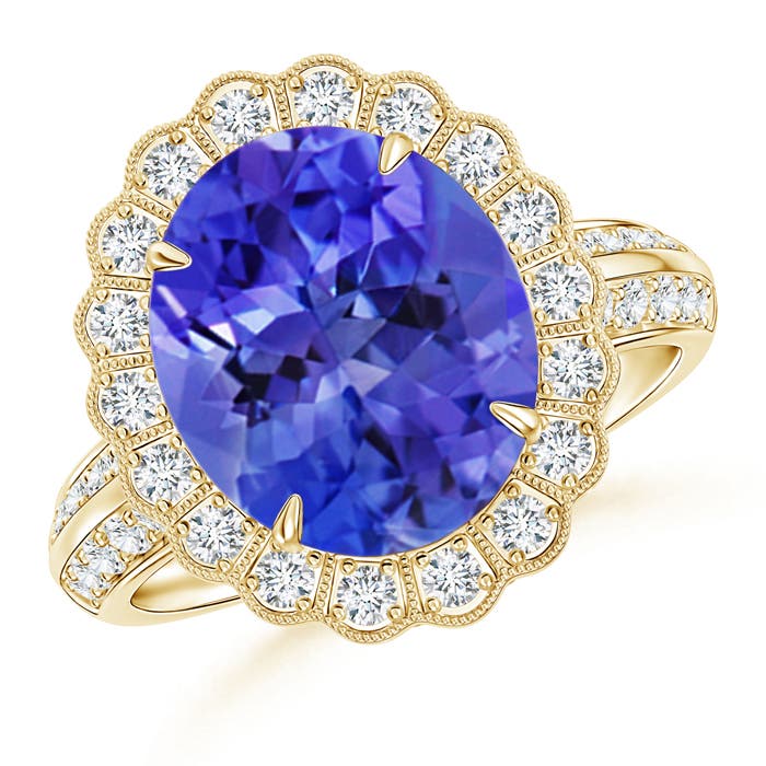 12x10mm AAA Tanzanite Cocktail Ring with Diamond Floral Halo in 18K Yellow Gold