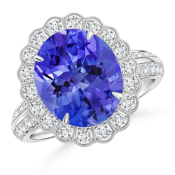 12x10mm AAA Tanzanite Cocktail Ring with Diamond Floral Halo in White Gold
