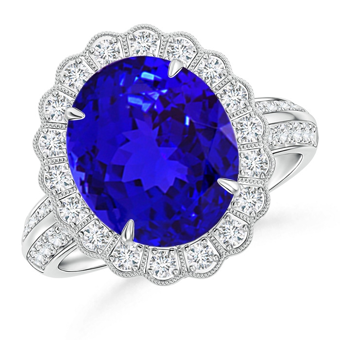 12x10mm AAAA Tanzanite Cocktail Ring with Diamond Floral Halo in P950 Platinum 