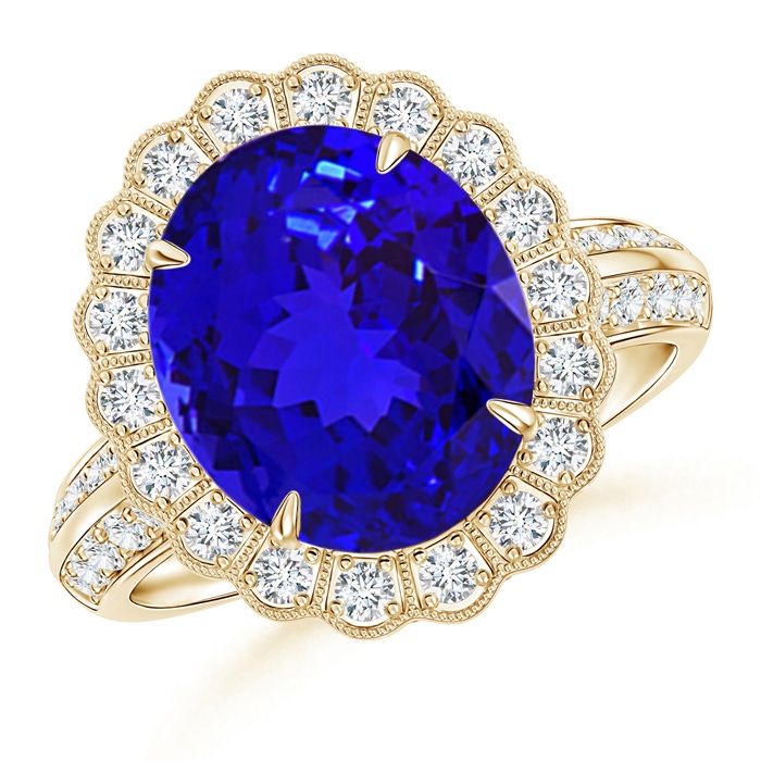 12x10mm AAAA Tanzanite Cocktail Ring with Diamond Floral Halo in Yellow Gold 