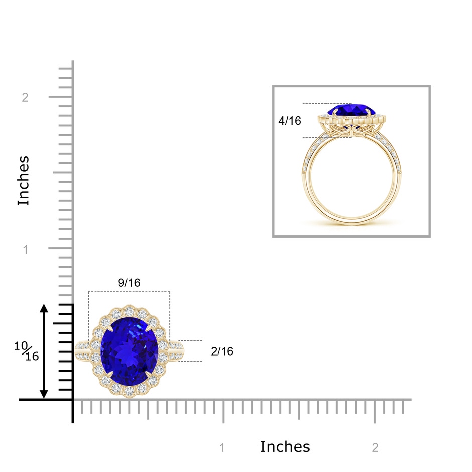12x10mm AAAA Tanzanite Cocktail Ring with Diamond Floral Halo in Yellow Gold ruler