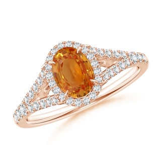 7x5mm AA Claw-Set Oval Orange Sapphire Split Shank Halo Ring in 10K Rose Gold