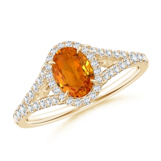 7x5mm AAA Claw-Set Oval Orange Sapphire Split Shank Halo Ring in Yellow Gold