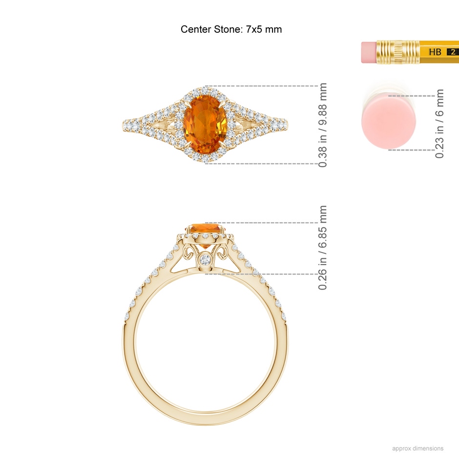 7x5mm AAA Claw-Set Oval Orange Sapphire Split Shank Halo Ring in Yellow Gold ruler