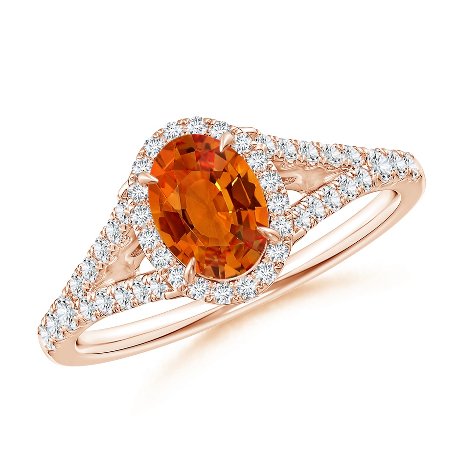 7x5mm AAAA Claw-Set Oval Orange Sapphire Split Shank Halo Ring in Rose Gold 