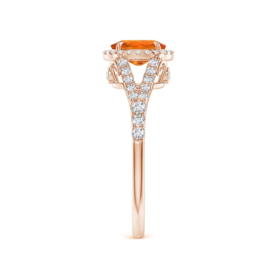 7x5mm AAAA Claw-Set Oval Orange Sapphire Split Shank Halo Ring in Rose Gold side 2