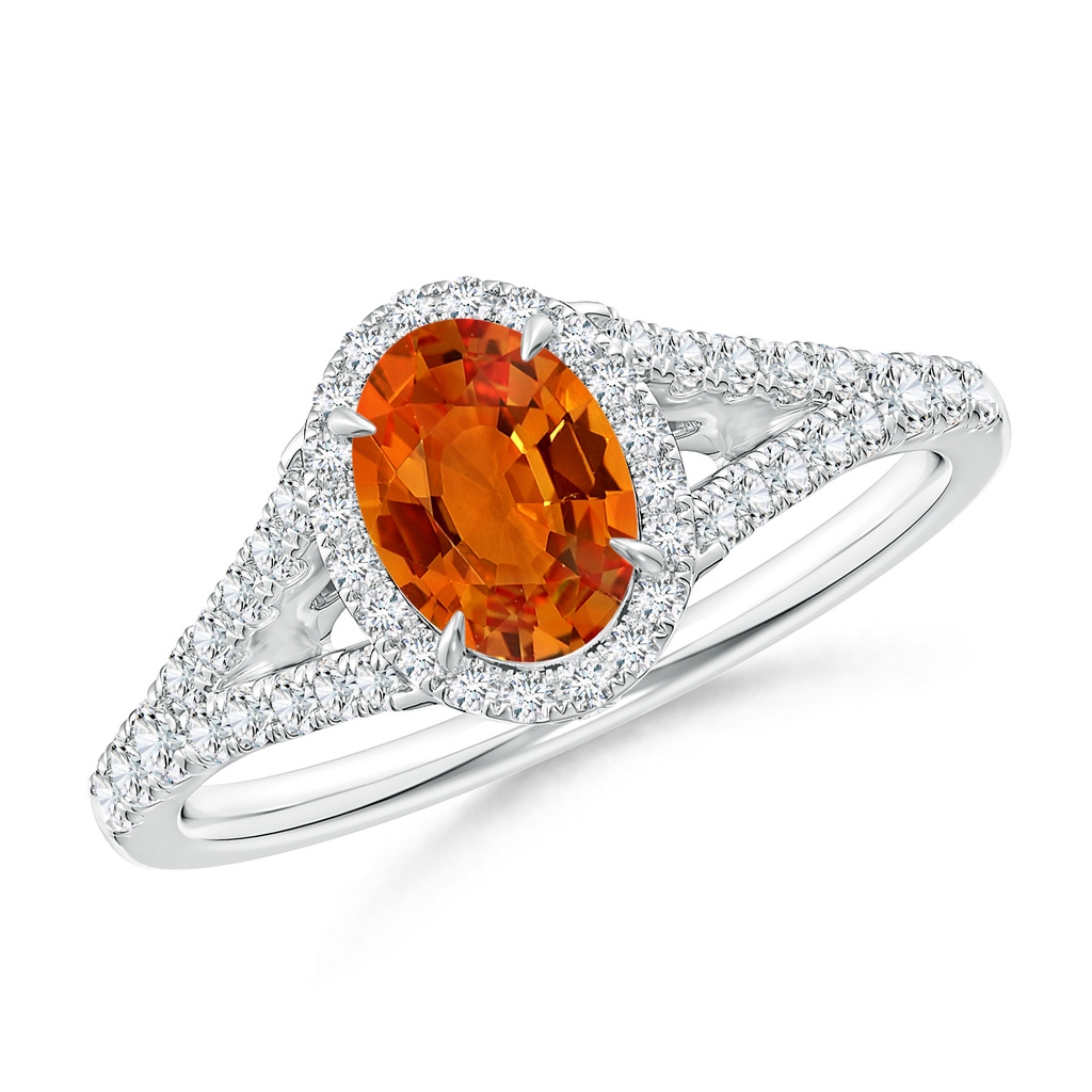 7x5mm AAAA Claw-Set Oval Orange Sapphire Split Shank Halo Ring in White Gold