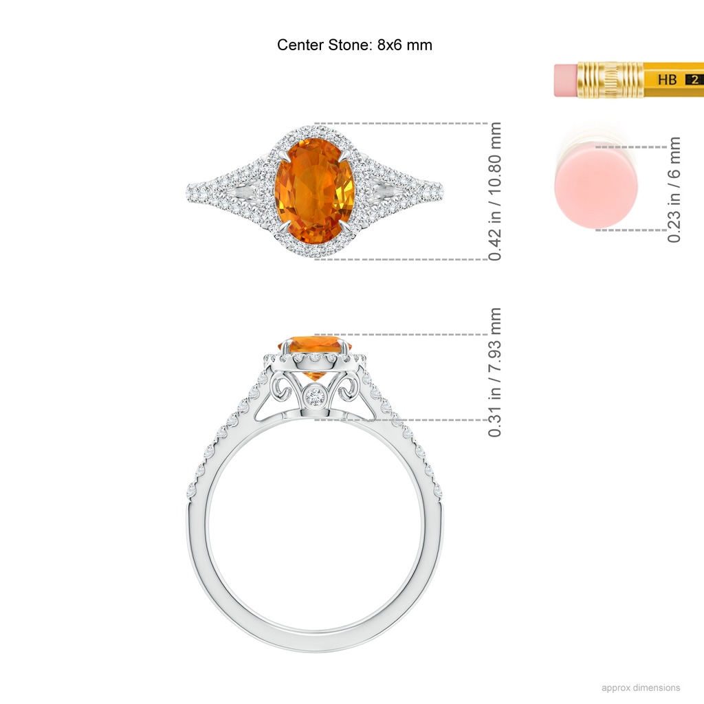 8x6mm AAA Claw-Set Oval Orange Sapphire Split Shank Halo Ring in White Gold Ruler