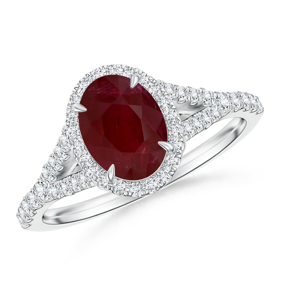 8.97x6.95x3.69mm AA Claw-Set GIA Certified Oval Ruby Split Shank Halo Ring in 18K White Gold 