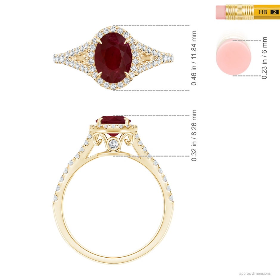 8.97x6.95x3.69mm AA Claw-Set GIA Certified Oval Ruby Split Shank Halo Ring in Yellow Gold hand