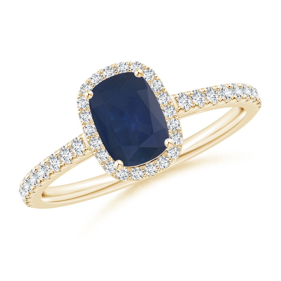 7x5mm A Claw Set Cushion-Cut Blue Sapphire Ring with Diamonds  in Yellow Gold 