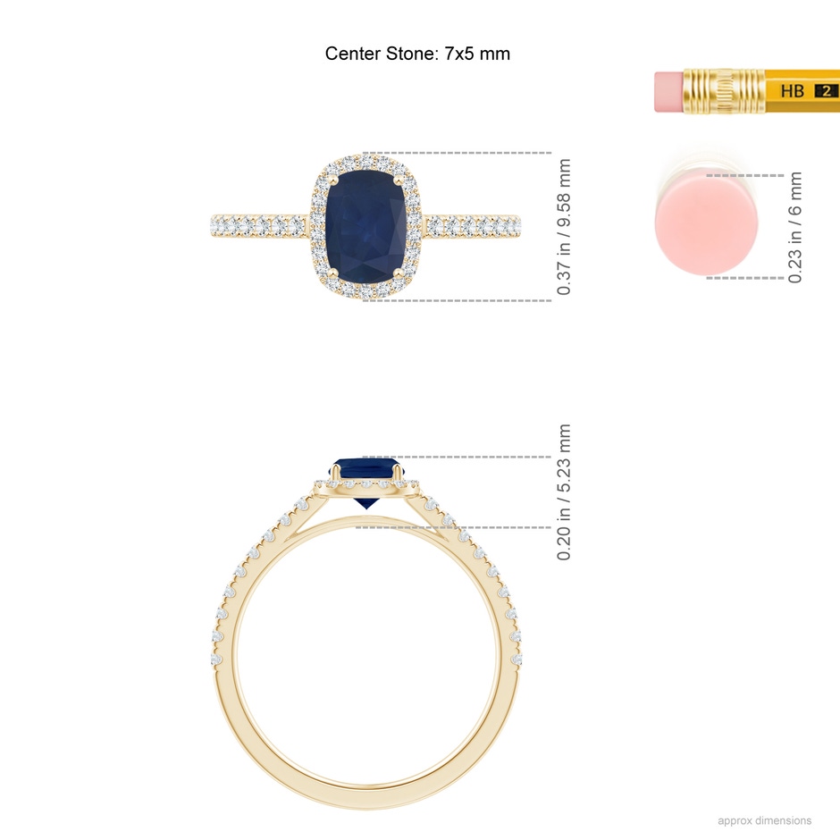 7x5mm A Claw Set Cushion-Cut Blue Sapphire Ring with Diamonds  in Yellow Gold ruler