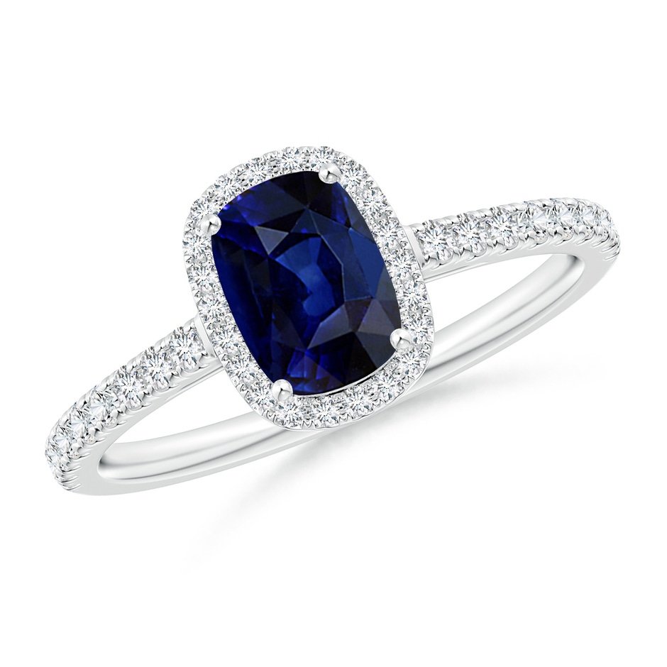 7x5mm AAA Claw Set Cushion-Cut Blue Sapphire Ring with Diamonds  in White Gold 