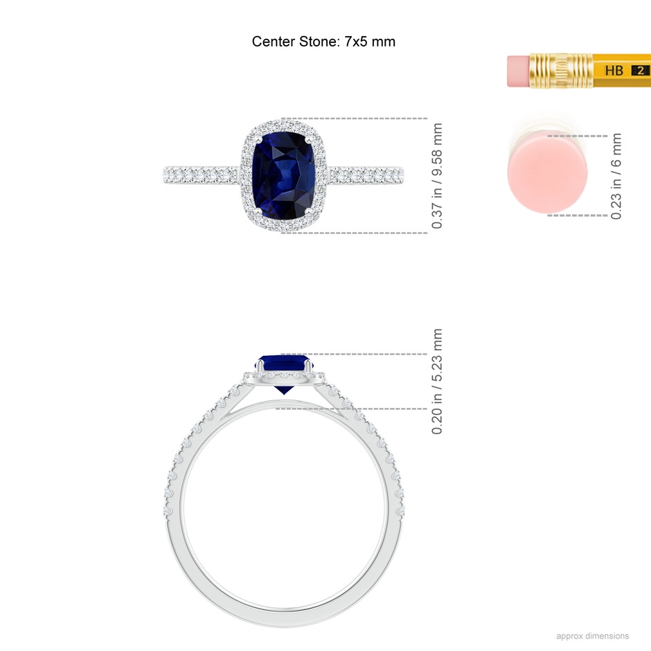 7x5mm AAA Claw Set Cushion-Cut Blue Sapphire Ring with Diamonds  in White Gold ruler