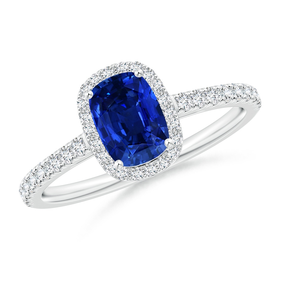 7x5mm Lab-Grown Claw Set Cushion-Cut Blue Sapphire Ring with Diamonds  in White Gold 