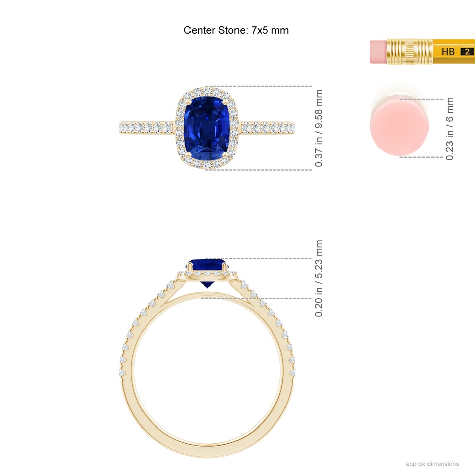7x5mm Lab-Grown Claw Set Cushion-Cut Blue Sapphire Ring with Diamonds  in Yellow Gold ruler