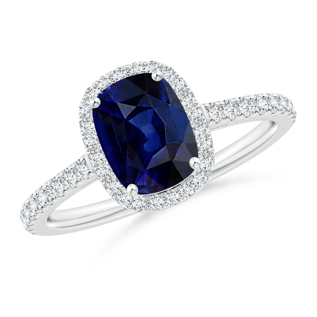8x6mm AAA Claw Set Cushion-Cut Blue Sapphire Ring with Diamonds  in P950 Platinum