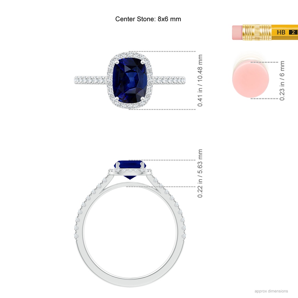 8x6mm AAA Claw Set Cushion-Cut Blue Sapphire Ring with Diamonds  in P950 Platinum Ruler