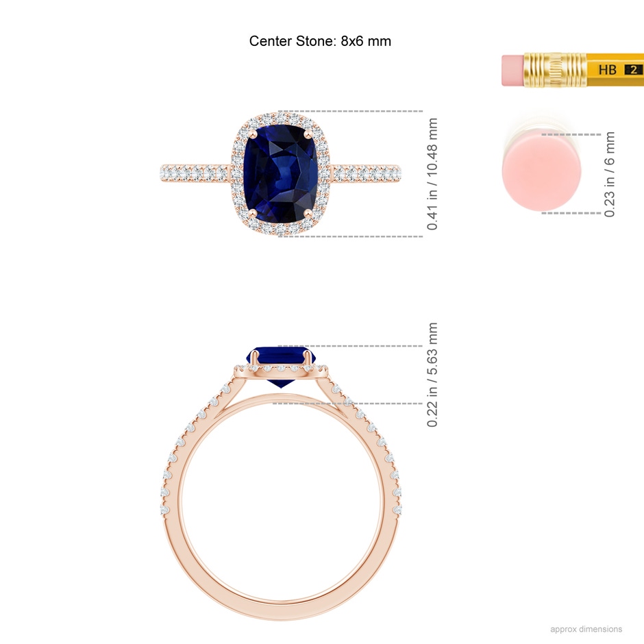 8x6mm AAA Claw Set Cushion-Cut Blue Sapphire Ring with Diamonds  in Rose Gold ruler