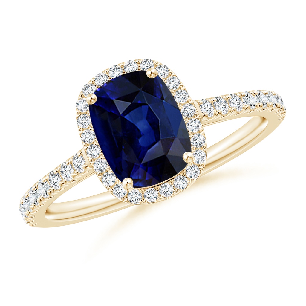 8x6mm AAA Claw Set Cushion-Cut Blue Sapphire Ring with Diamonds  in Yellow Gold