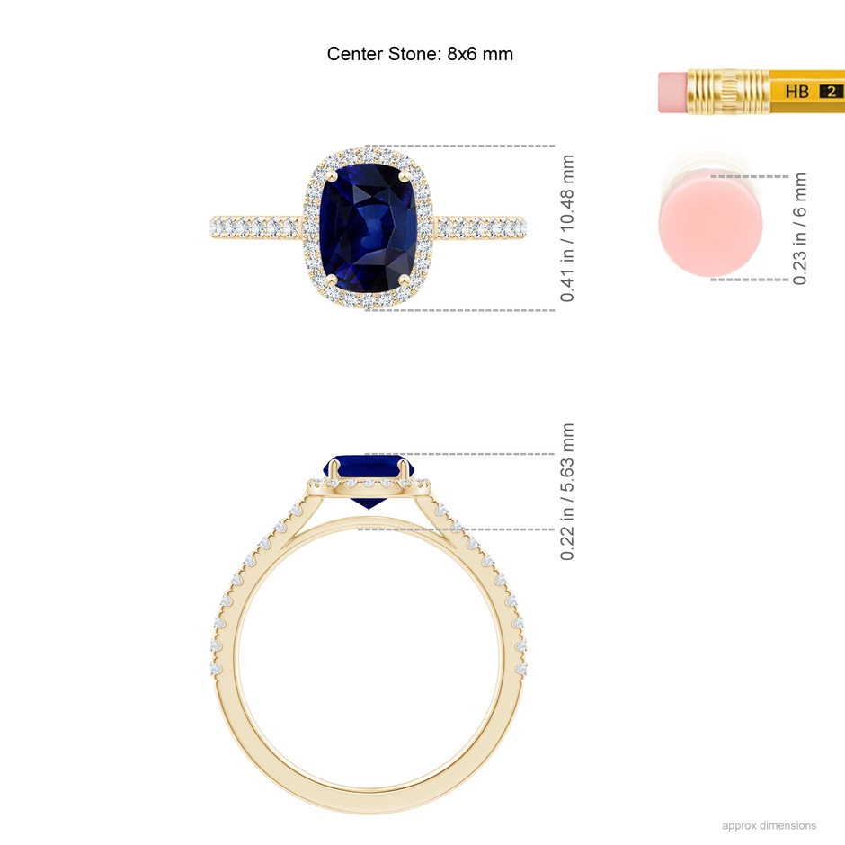 8x6mm AAA Claw Set Cushion-Cut Blue Sapphire Ring with Diamonds  in Yellow Gold ruler