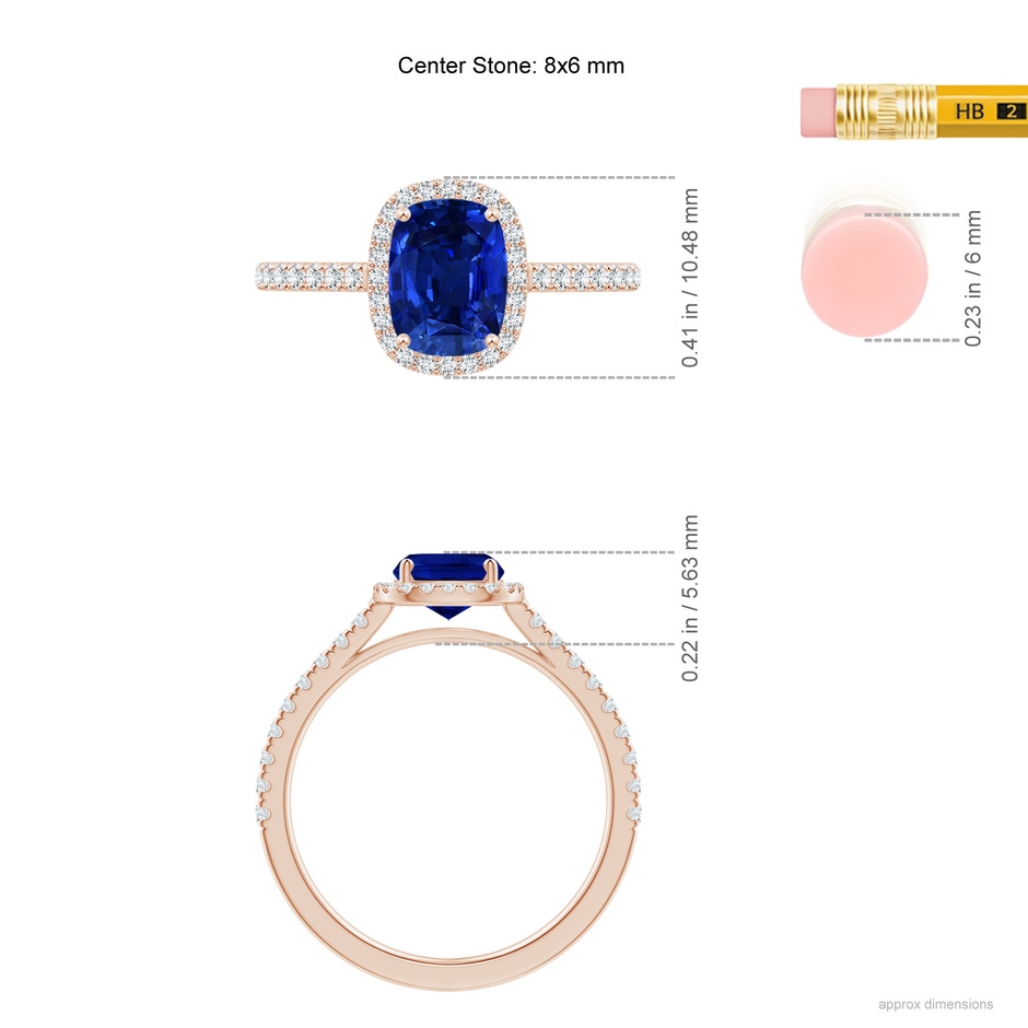 8x6mm Lab-Grown Claw Set Cushion-Cut Blue Sapphire Ring with Diamonds  in 18K Rose Gold ruler
