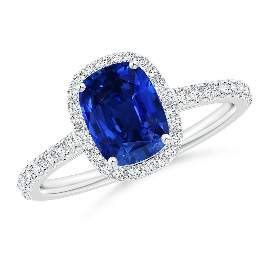 8x6mm Lab-Grown Claw Set Cushion-Cut Blue Sapphire Ring with Diamonds  in 9K White Gold 