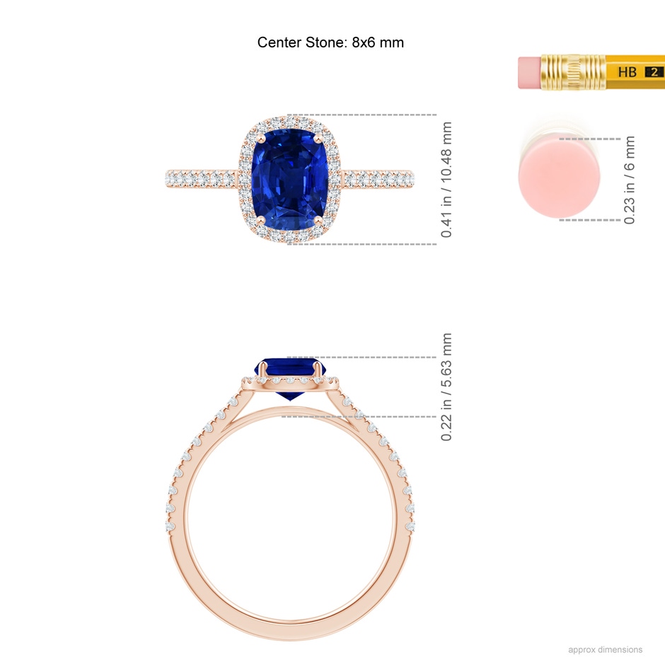 8x6mm Lab-Grown Claw Set Cushion-Cut Blue Sapphire Ring with Diamonds  in Rose Gold ruler